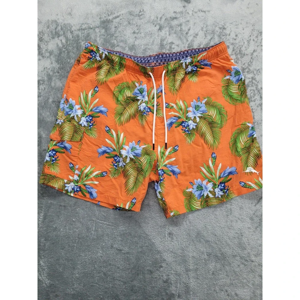 Tommy Bahama Swim Trunks Mens XL‎ Orange Tropical Floral Cargo Mesh